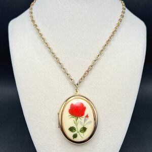 Vintage Locket Necklace Red Rose Gold Tone Oval Floral Pendant Cottagecore